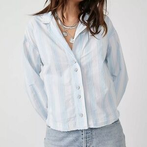 Free People We The Free Kelia Striped Trapeze Blue White Women's Shirt Cotton